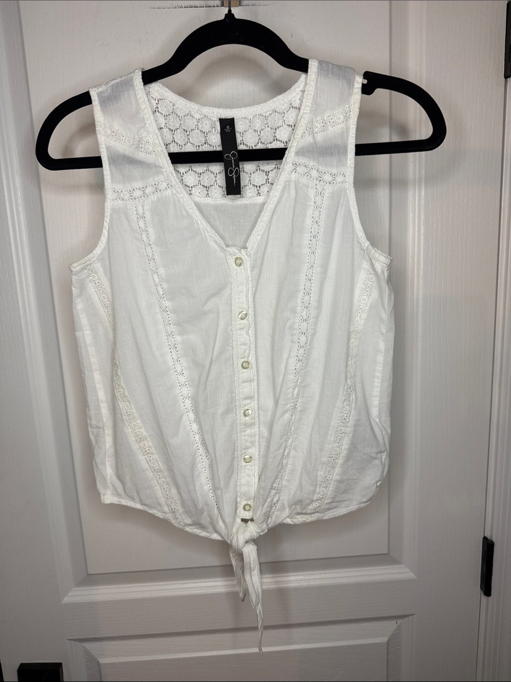 Jessica Simpson 100% Cotton White Lace-Trim Button Tie-Front Tank